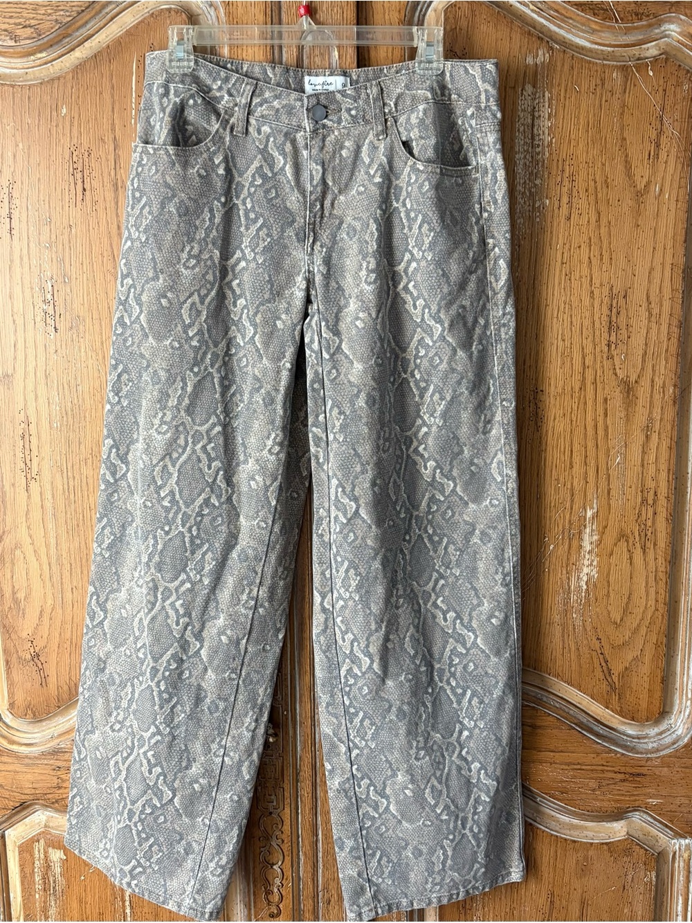Love,Fire, women’s Grey Snake-Print cotton Y2K Wide Leg Jeans